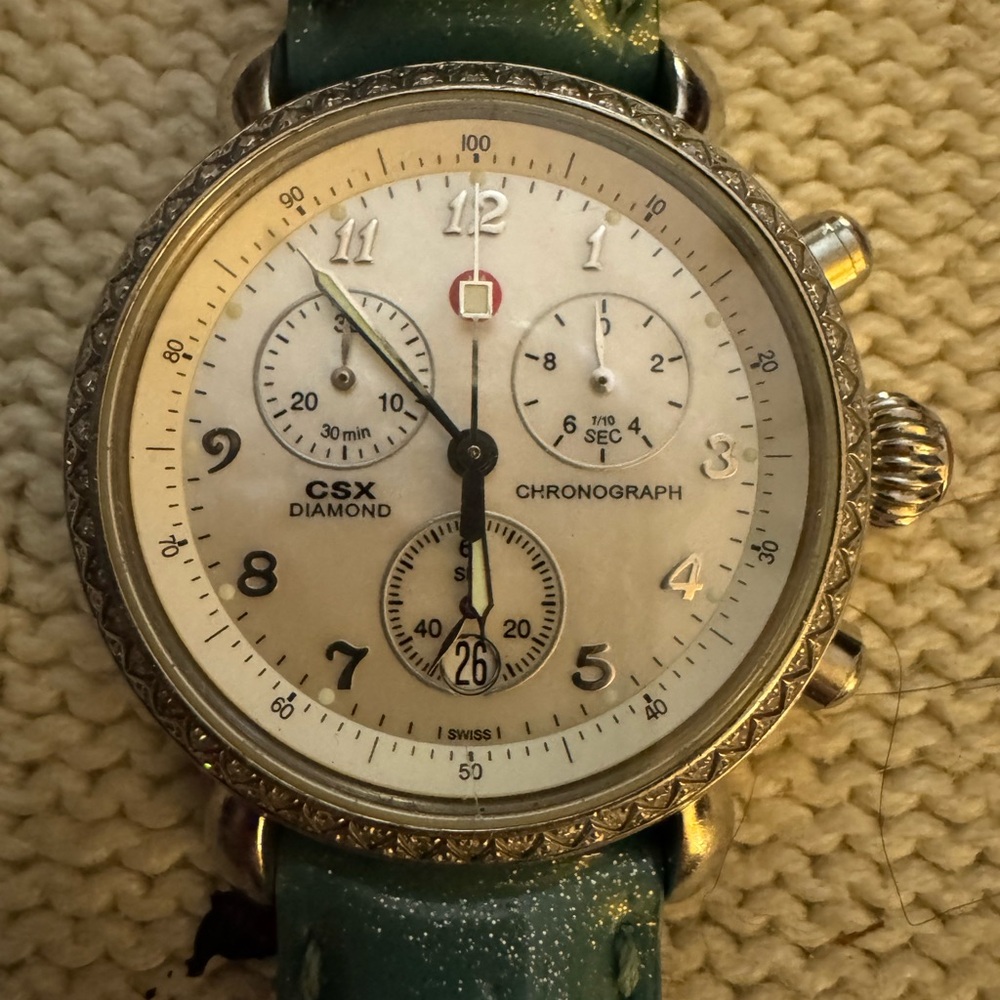Michele CSX Diamond Chronograph Watch with Green Strap
